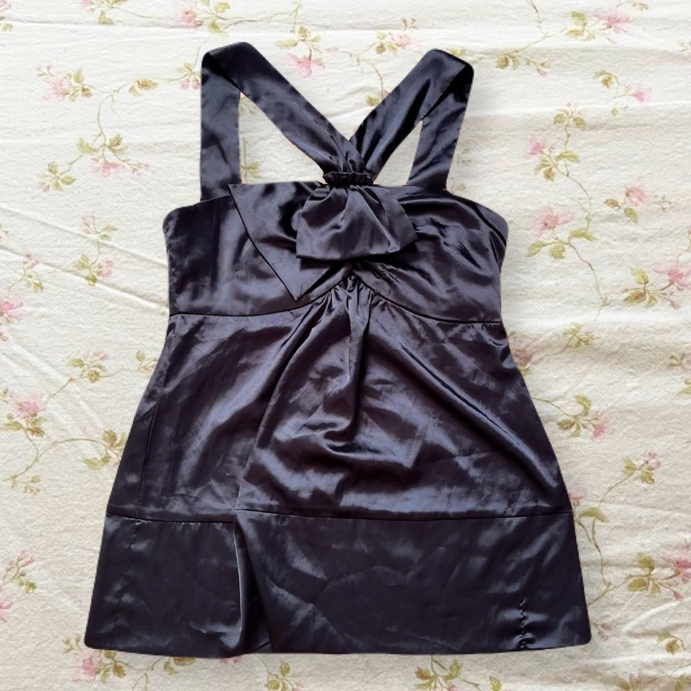 Black Halter Top With Bow and Silk-Like Material